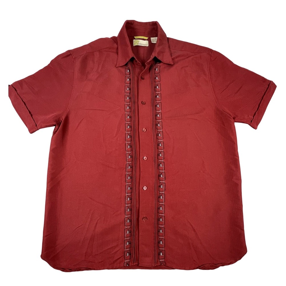 Cubavera Shirt Mens L Dark Red Guayabera Short Sleeve Button Down Embroidered